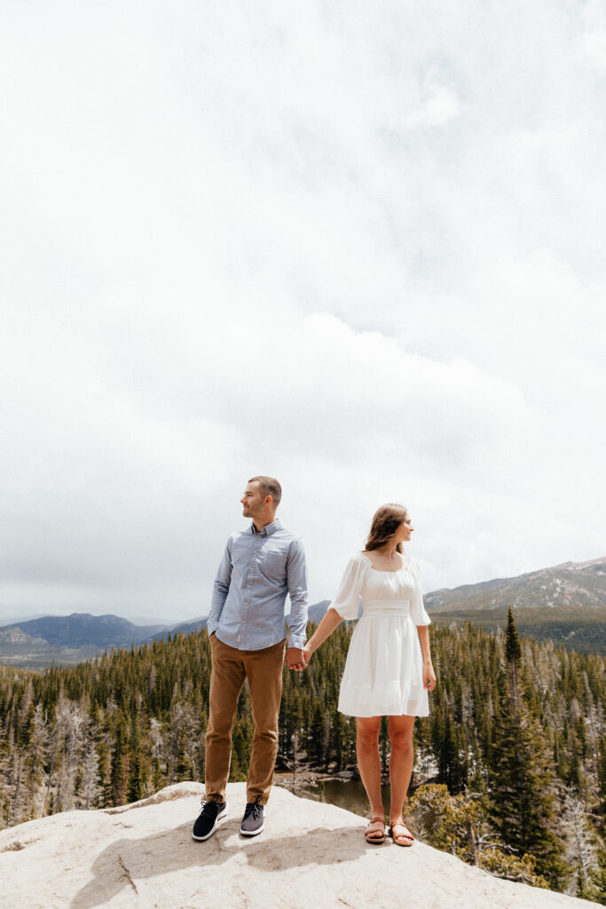 Hiking engagement session in Rocky Mountain National Park at Dream Lake