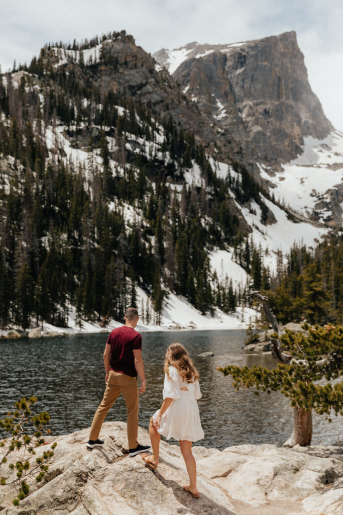 Hiking engagement session in Rocky Mountain National Park at Dream Lake