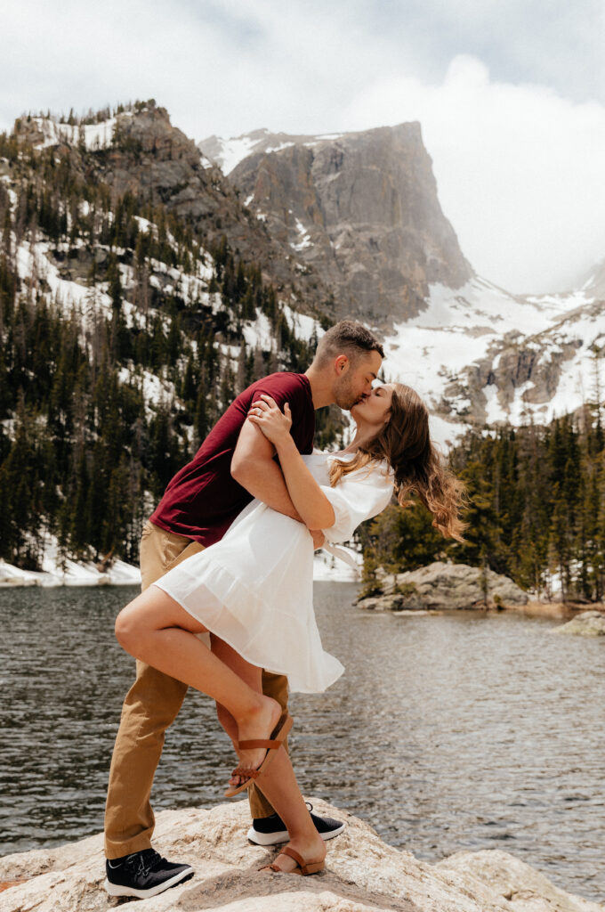 Hiking engagement session in Rocky Mountain National Park at Dream Lake