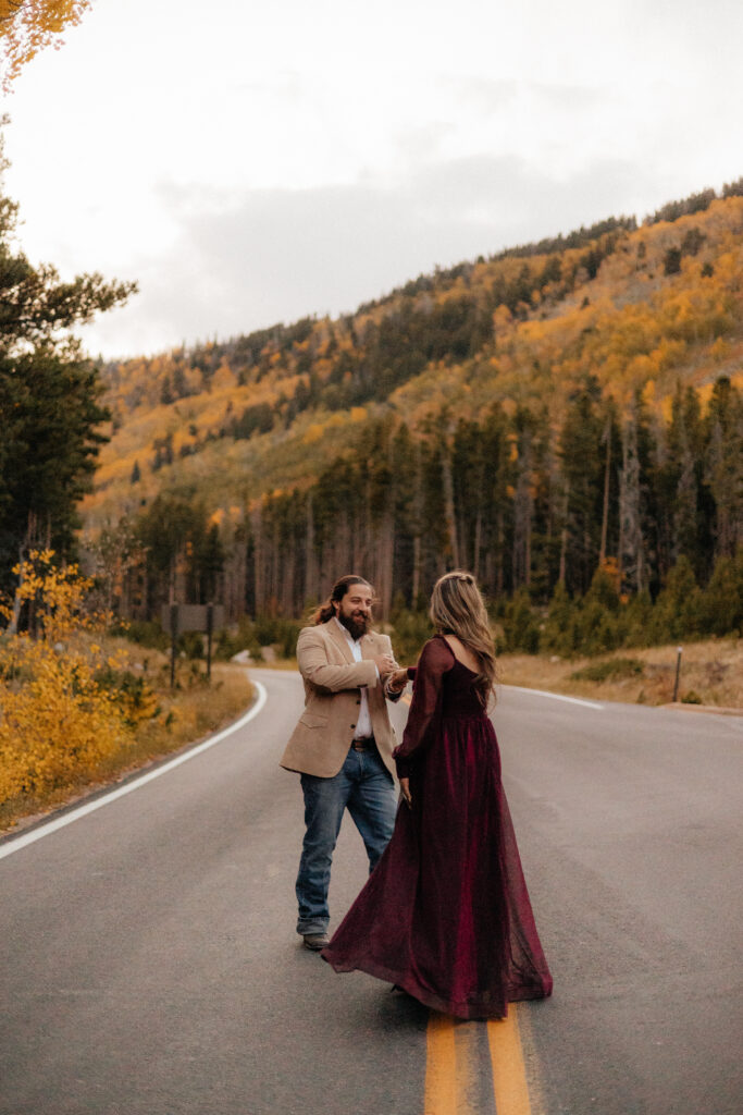 Fall elopement in Rocky Mountain National Park, couple road photos