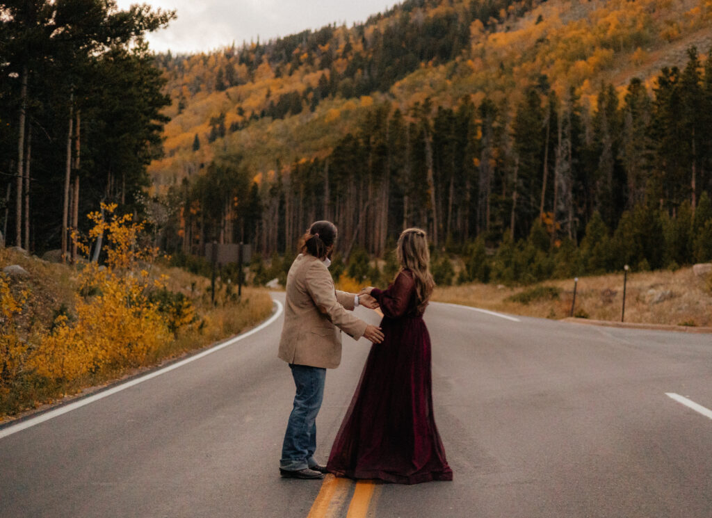 Fall elopement in Rocky Mountain National Park, couple road photos