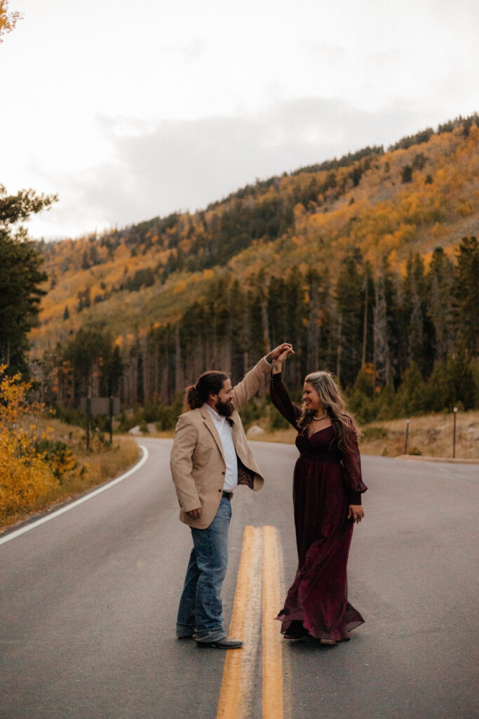 Fall elopement in Rocky Mountain National Park, couple road photos