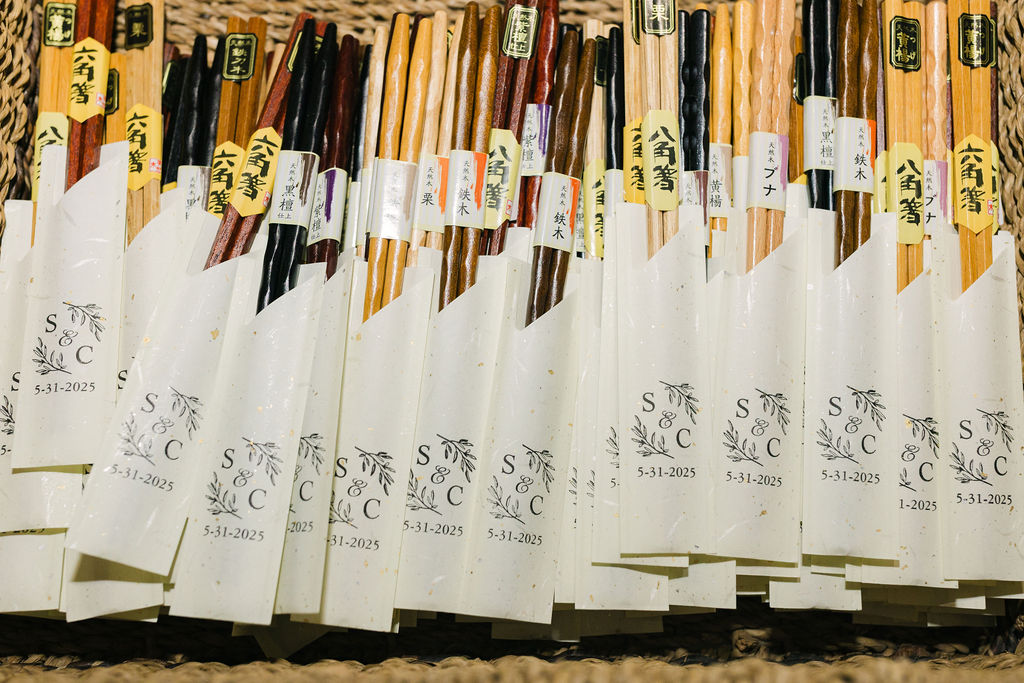 Rows of chopsticks displayed for ramen bar at Colorado wedding.