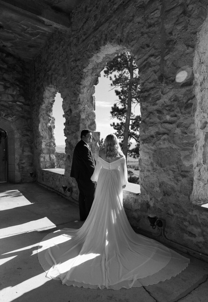 cherokee ranch and castle wedding photos first look bride and groom