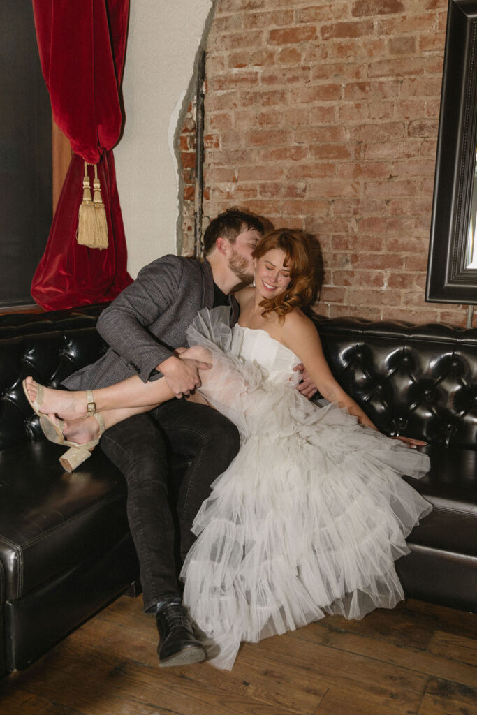 Vintage cocktail bar engagement photos in Denver