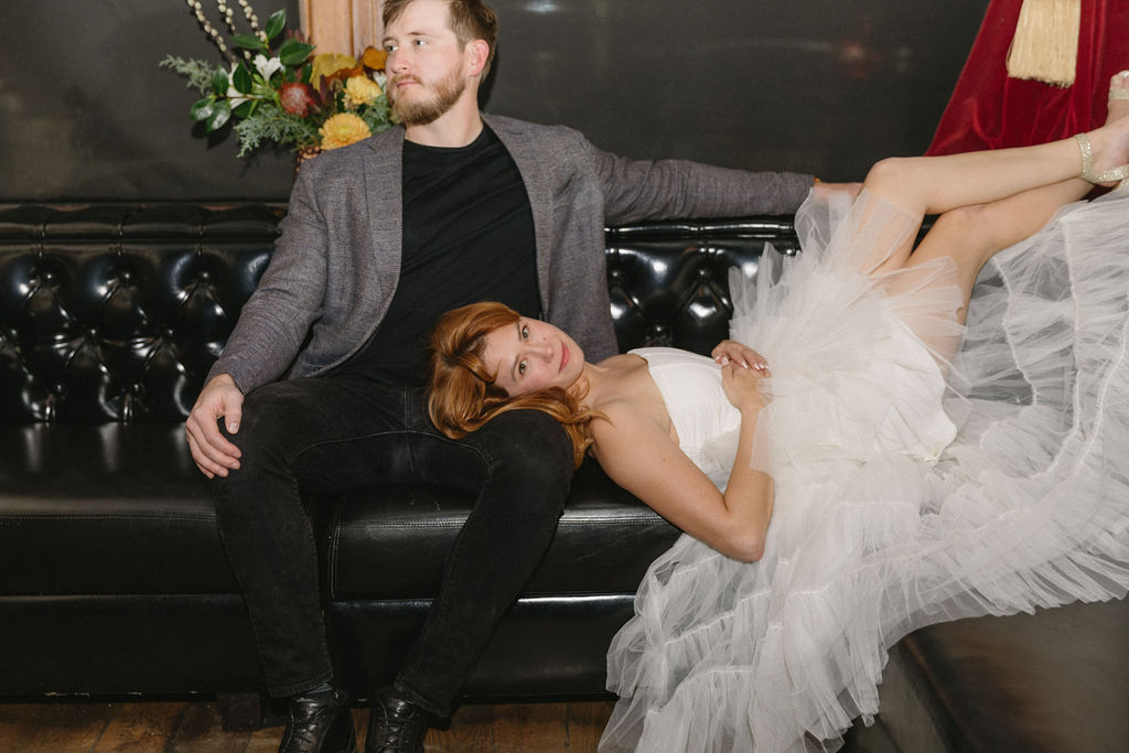 Vintage cocktail bar engagement photos in Denver