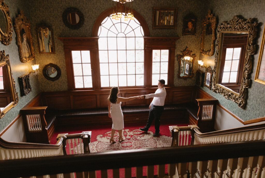 chic, vintage Stanley Hotel engagement photos in Estes Park, Colorado mrs. ferree photography