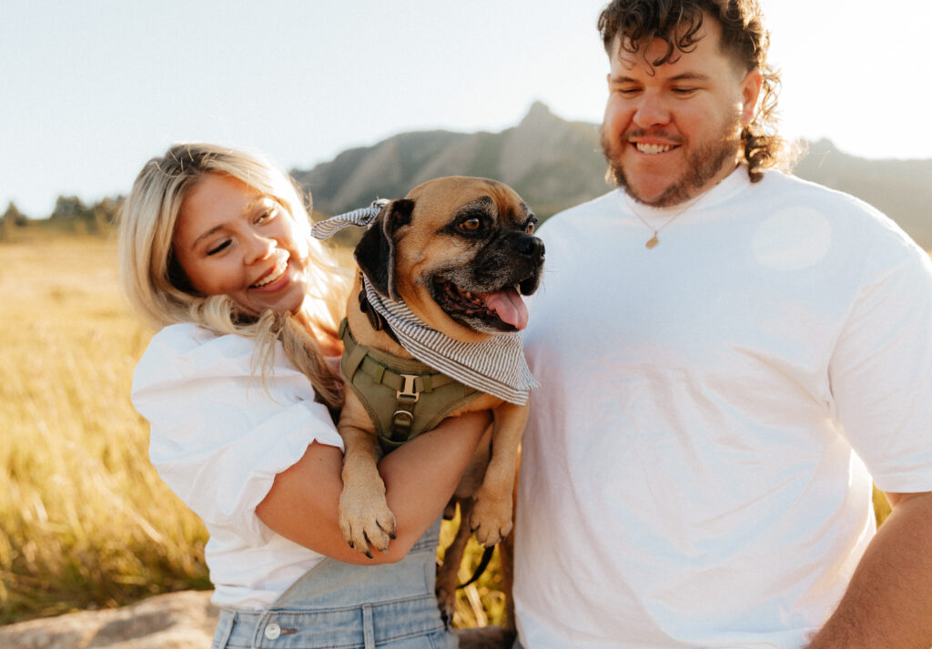 Denim on denim engagement session outfit at Chautauqua Park Boulder, CO with a dog