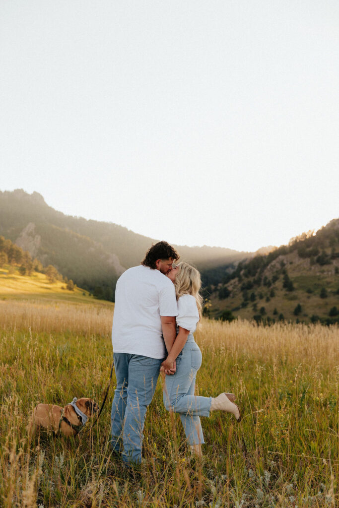 Denim on denim engagement session outfit at Chautauqua Park Boulder, CO with a dog