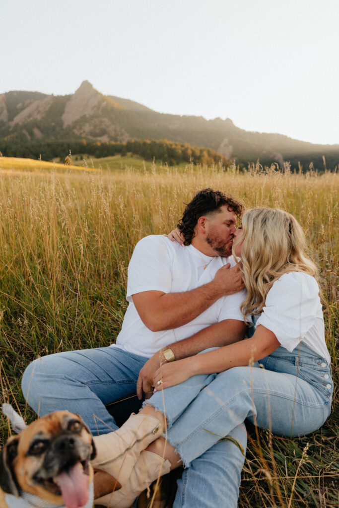 Denim on denim engagement session outfit at Chautauqua Park Boulder, CO with a dog