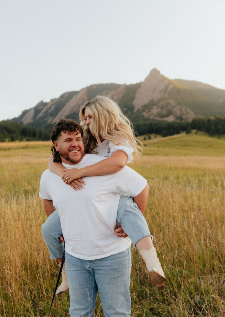 Denim on denim engagement session outfit at Chautauqua Park Boulder, CO with a dog