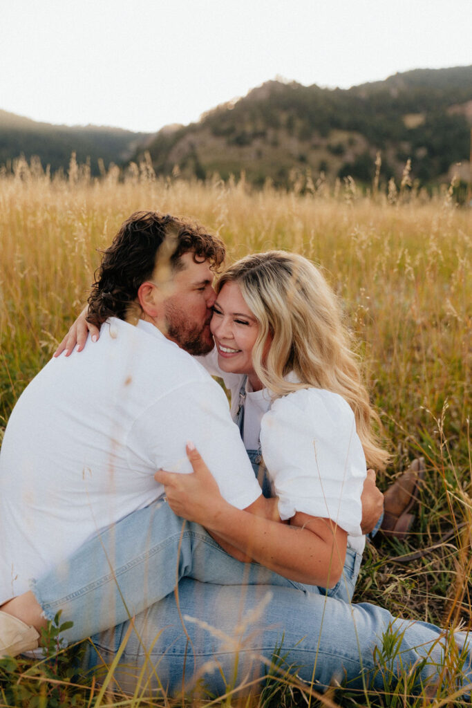 Denim on denim engagement session outfit at Chautauqua Park Boulder, CO with a dog