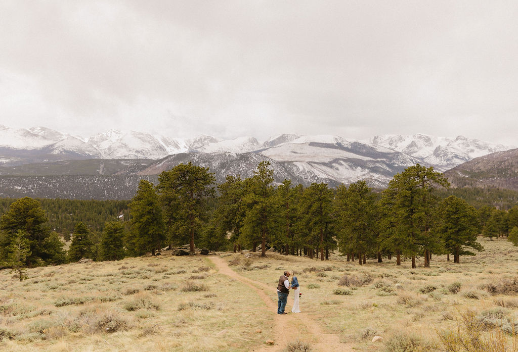 Mountain elopement photo of bride and groom in rocky mountain national park