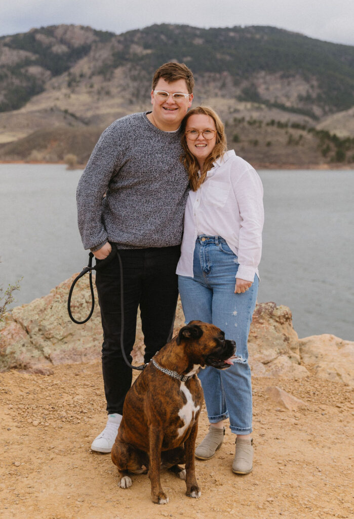 couples photos with their dog at horsetooth reservoir