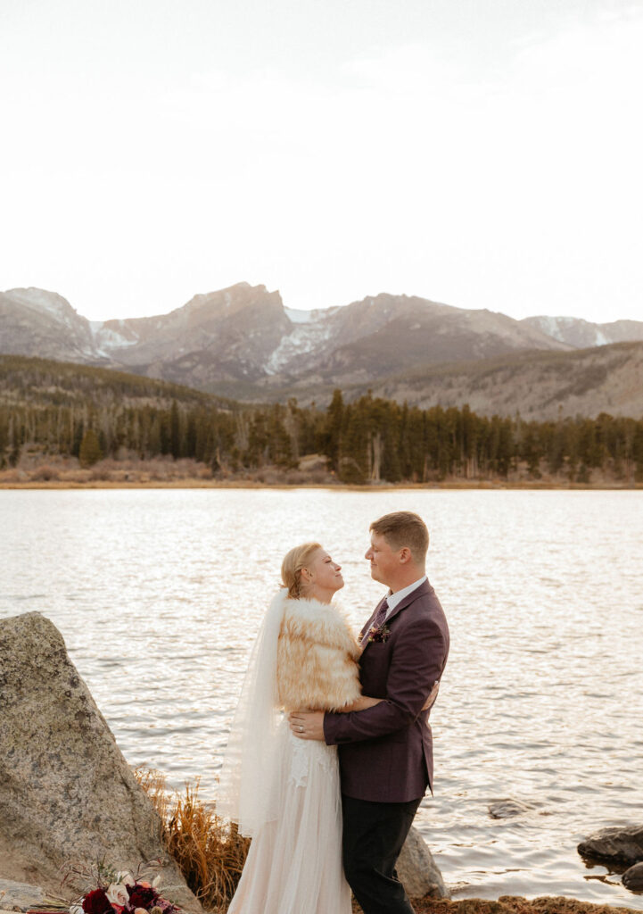 Wedding Photos with dreamy backdrops and mountain views at Sprague Lake