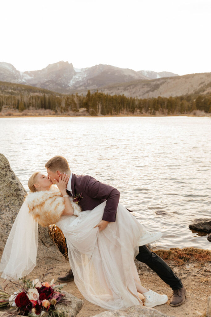 Wedding Photos with dreamy backdrops and mountain views at Sprague Lake