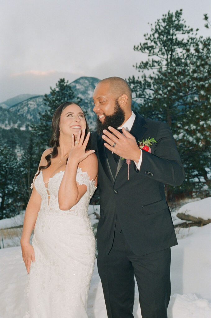 bride and groom winter wedding portrait 