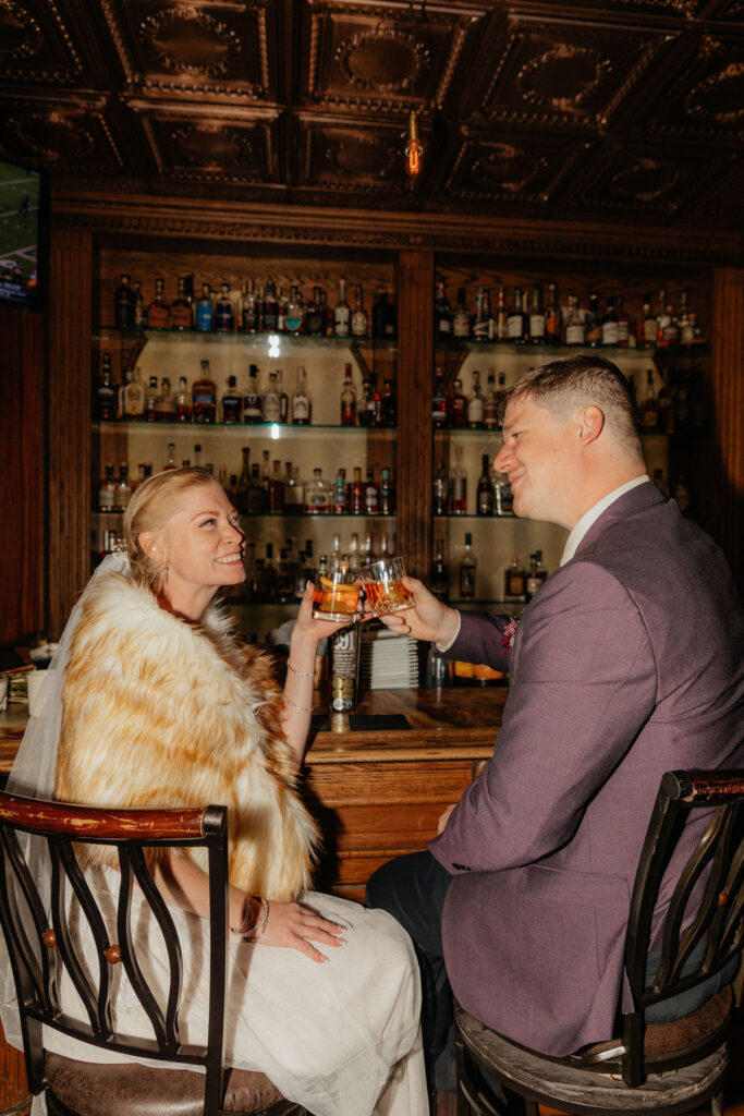 romantic wedding photos in a cocktail bar