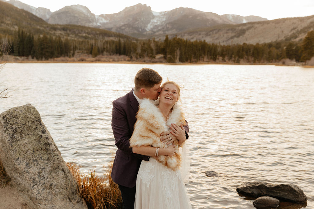 lakeside mountain wedding photos of bride and groom