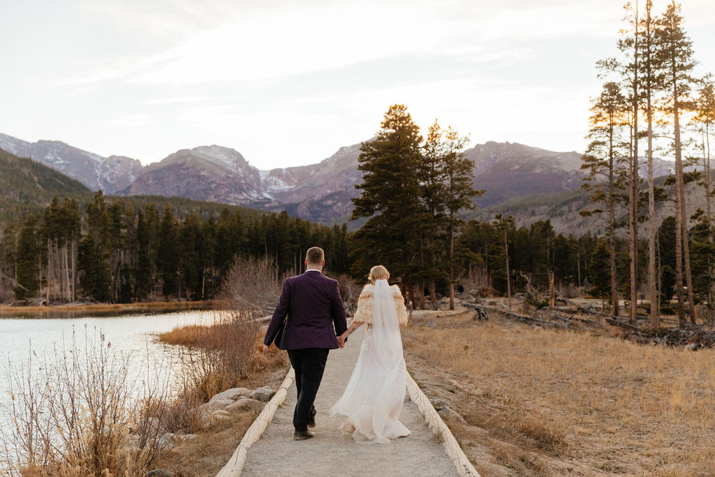 lakeside mountain wedding photos of bride and groom