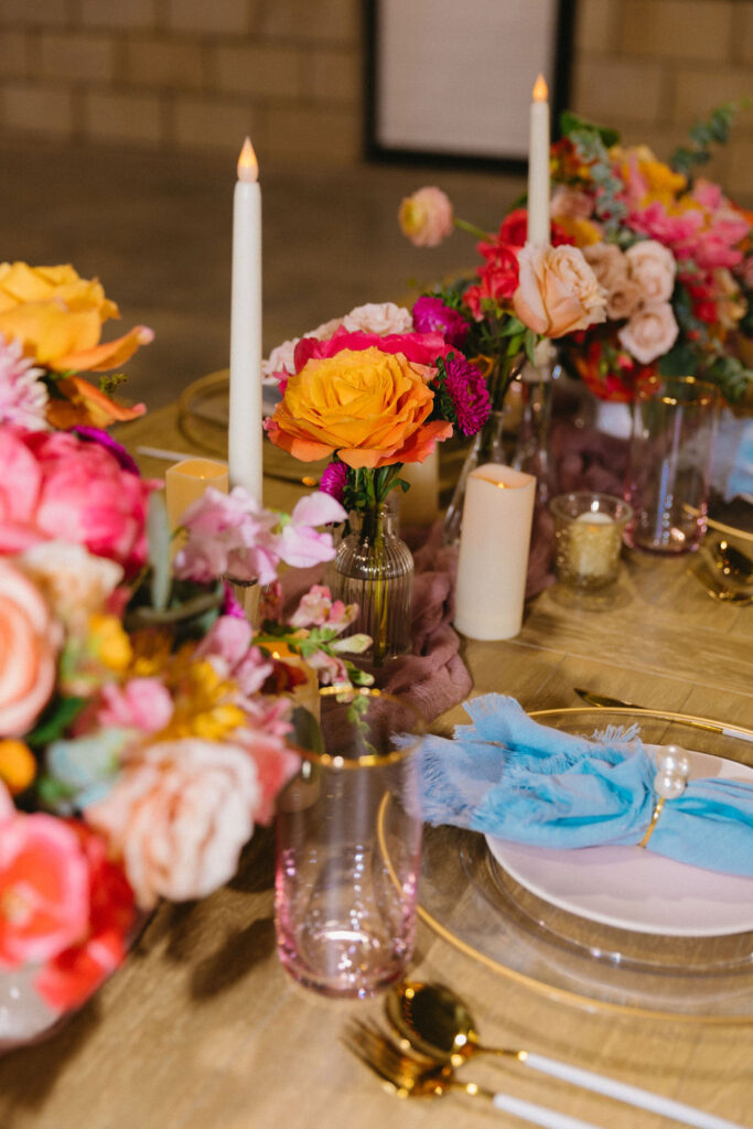 colorful wedding reception decor at a longmont colorado wedding venue