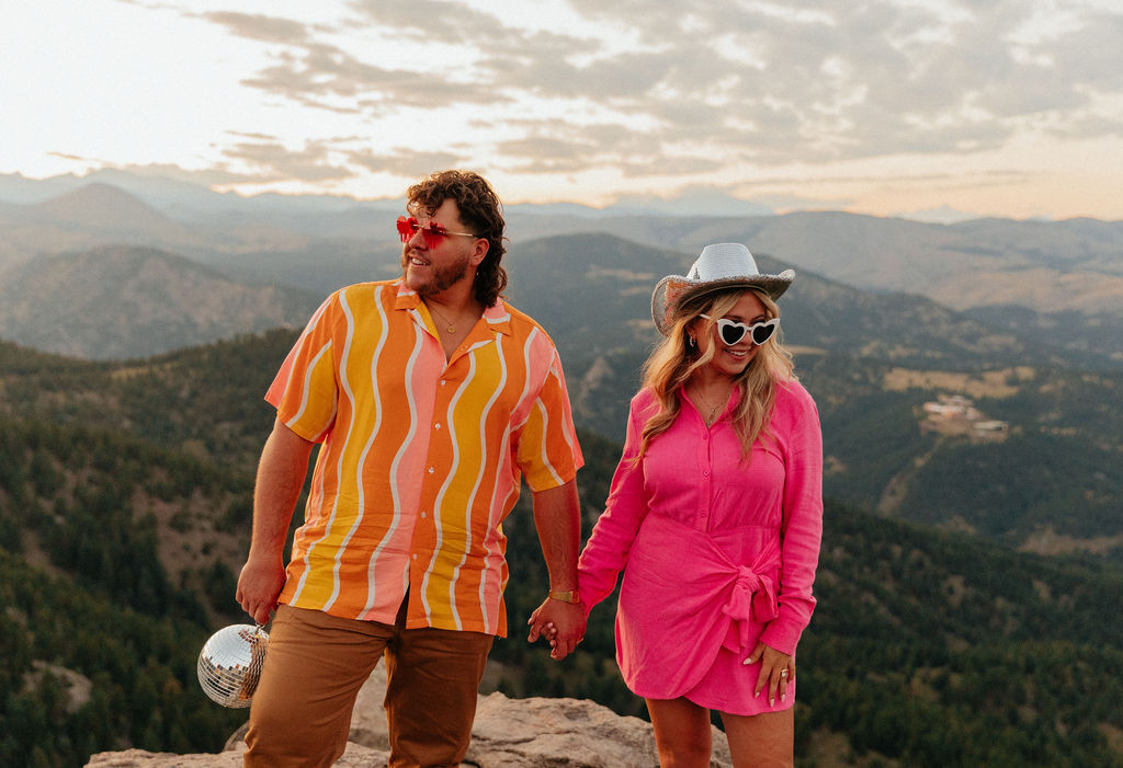 retro vibe lost gulch overlook engagement photos with fun, colorful outfits and mountain views