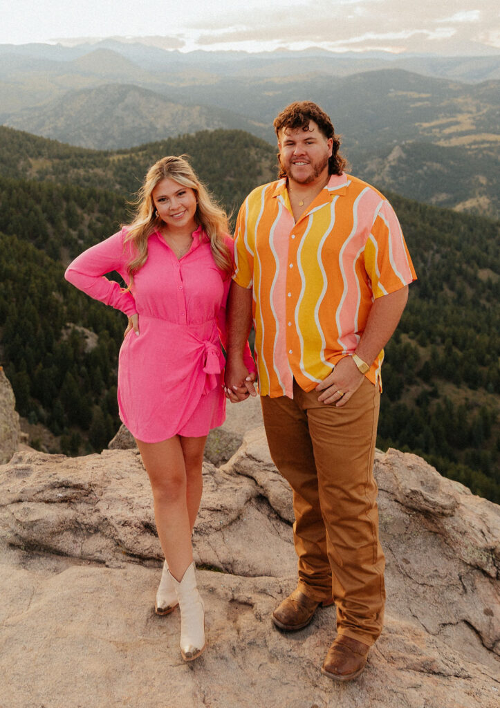 retro vibe lost gulch overlook engagement photos with fun, colorful outfits and mountain views