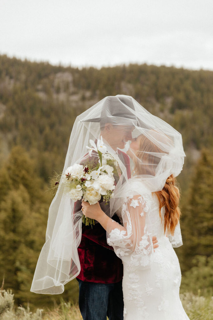 romantic bride and groom under the veil