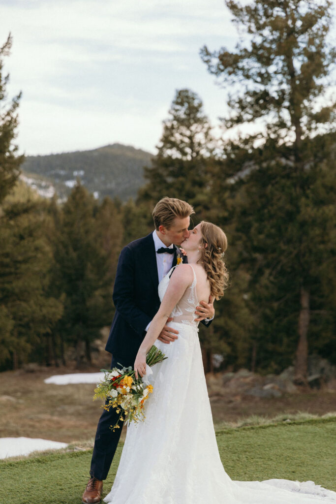 romantic bride and groom portrait in the backyard of Woodland Wedding Venue, CO