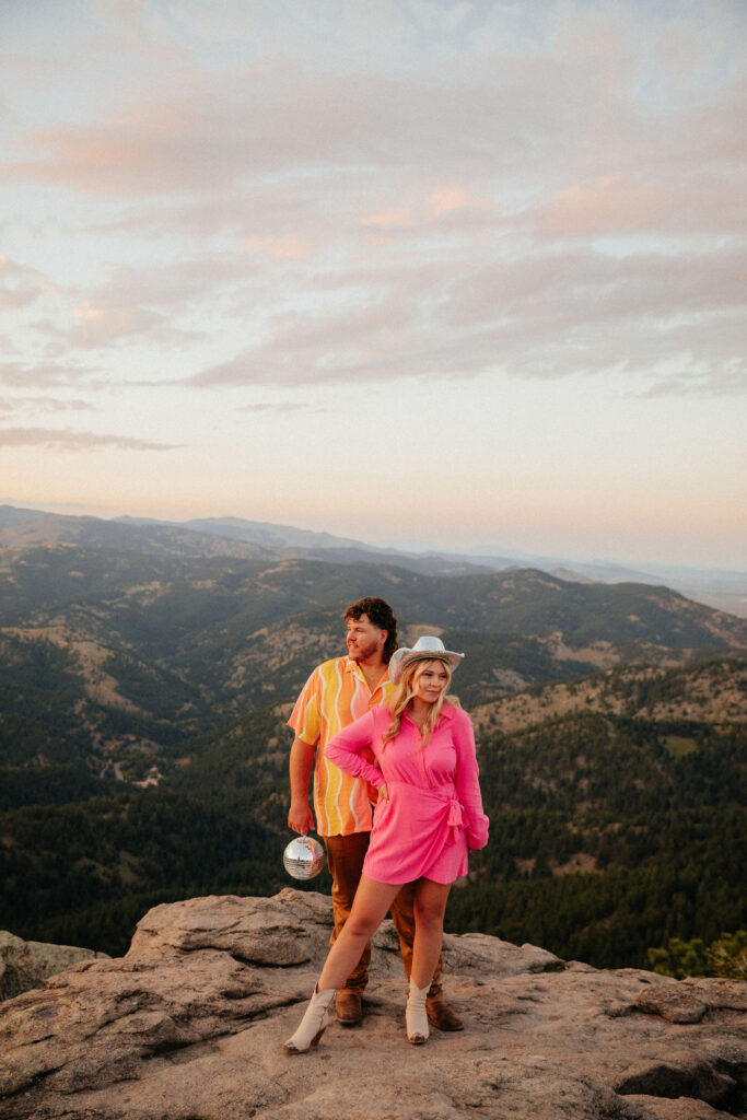 Retro mountain engagement session in vibrant colors at Lost Gulch Overlook in Boulder