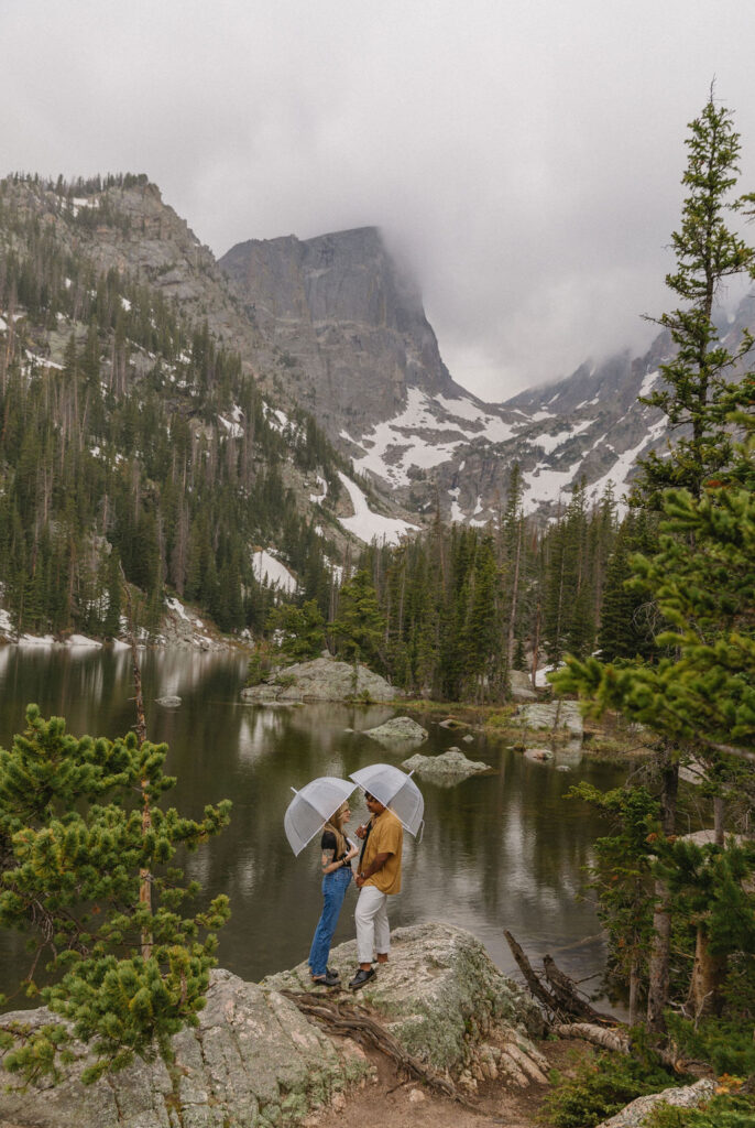 dreamy and romantic dream lake engagement photos at rocky mountain national park