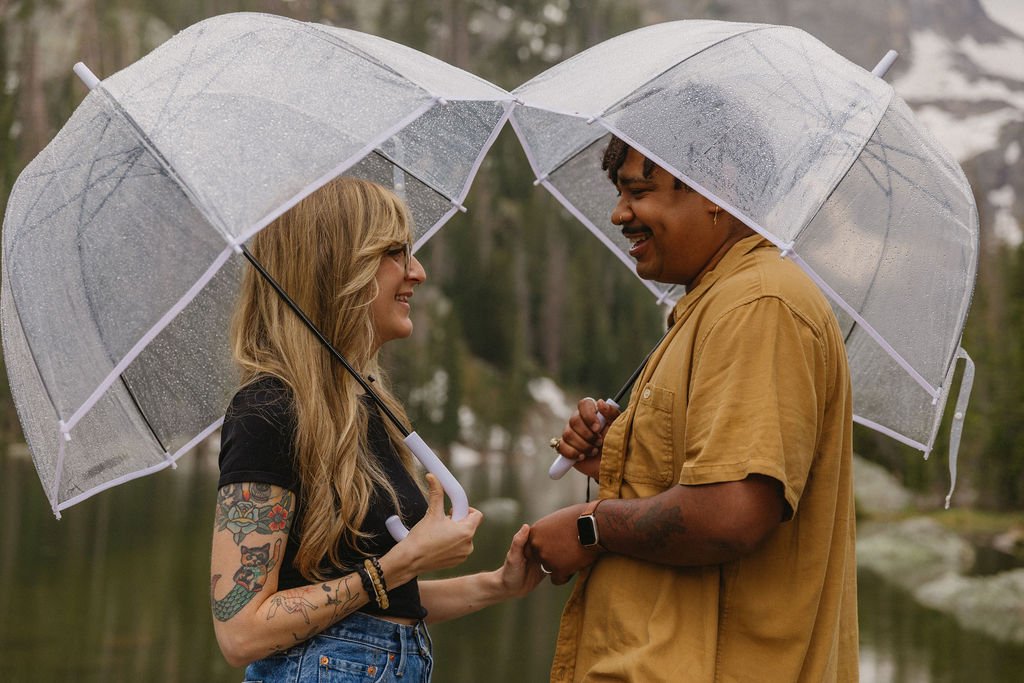 adventurous hiking engagement photos in dream lake, rocky mountain national park