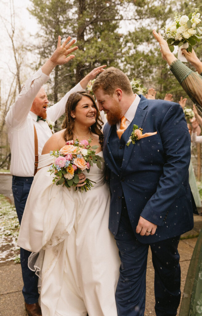 snowy wedding party photos in Colorado