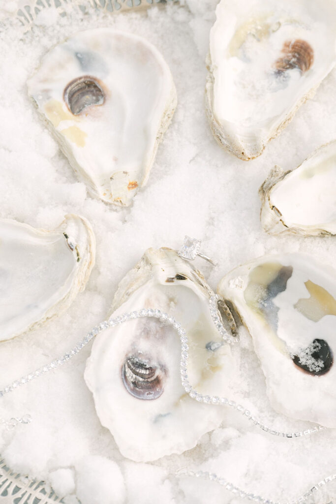 Fine art wedding photography detail of diamond jewelry laying across oysters on a frozen lake at a luxury wedding. 