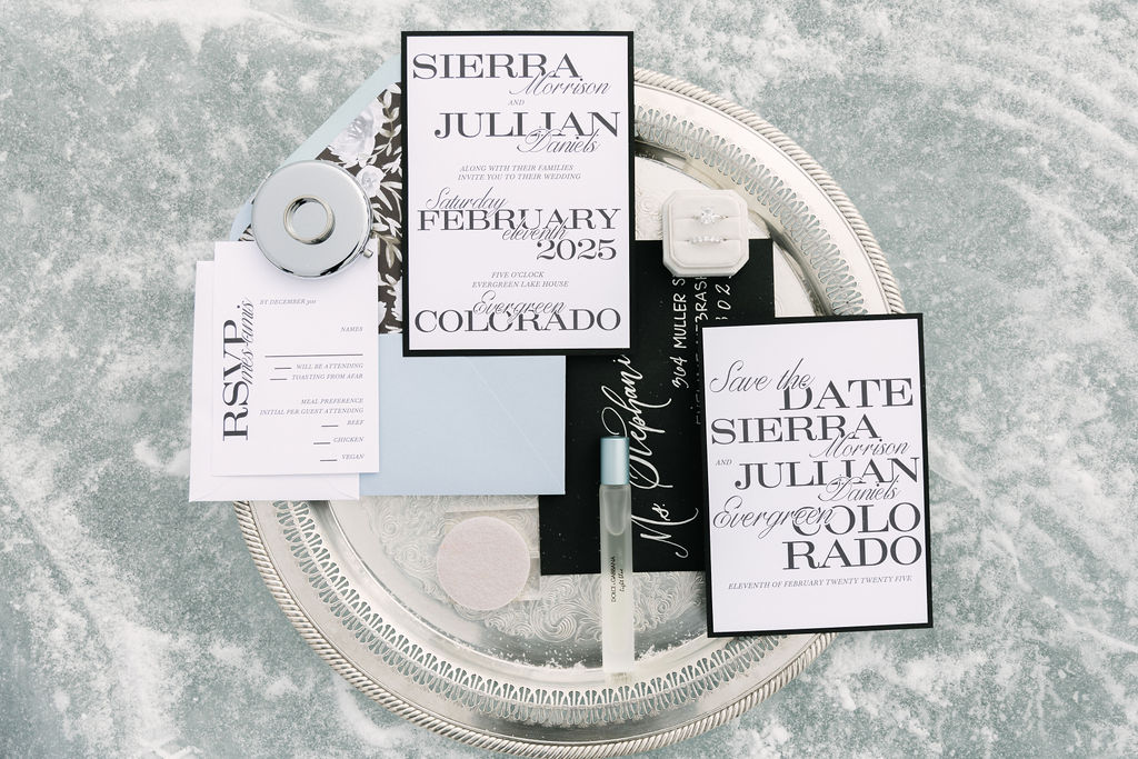 Luxury black and white wedding details from a winter wedding at Evergreen Lakehouse.