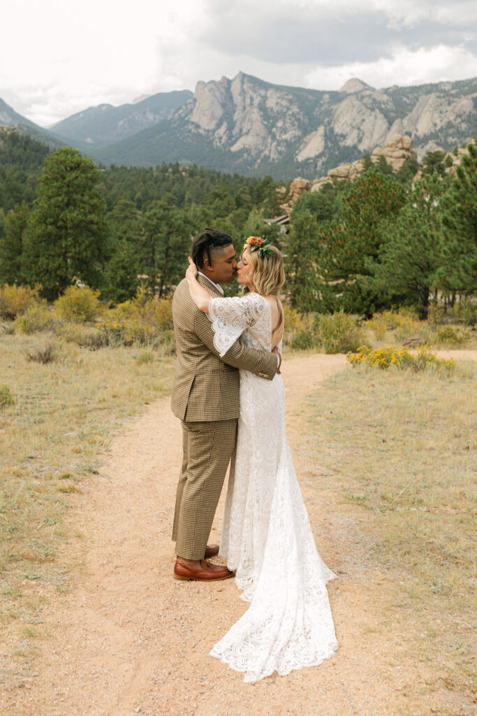 romantic bride and groom during their estes park elopement at knoll-willows open space