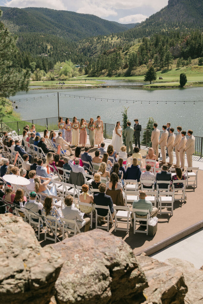 Mountain lakeside outdoor wedding ceremony in Colorado