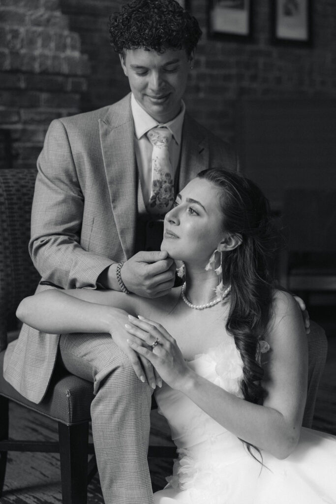 Intimate black and white couple portrait at Perry Park Country Club wedding showing emotional connection
