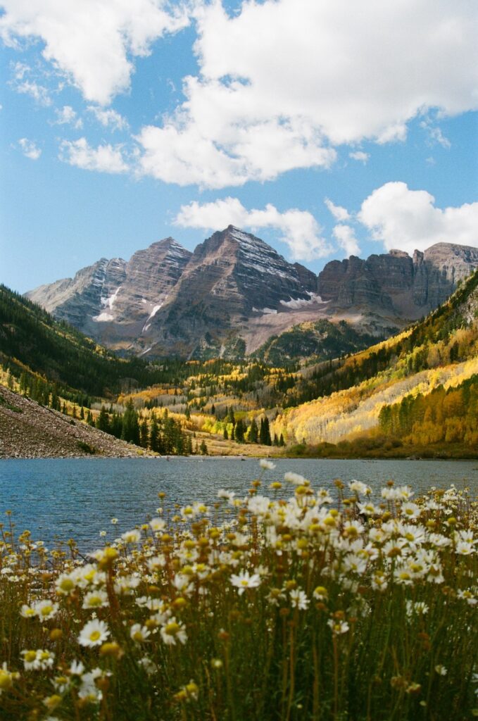 Wildflowers blooming beside Maroon Lake with the Maroon Bells in the background, one of the most iconic and scenic wedding photo locations near Aspen, Colorado.