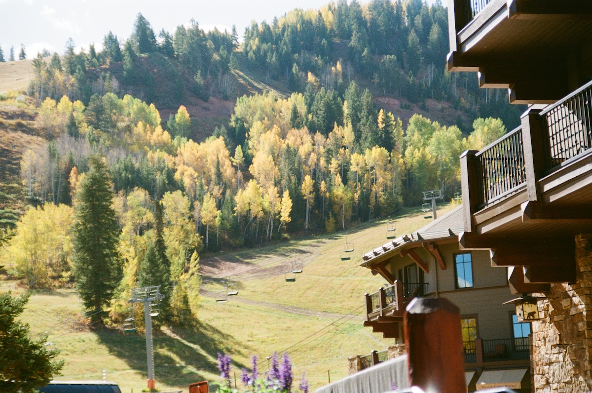 Film photo of downtown Aspen wedding venue gondola ride during peak fall