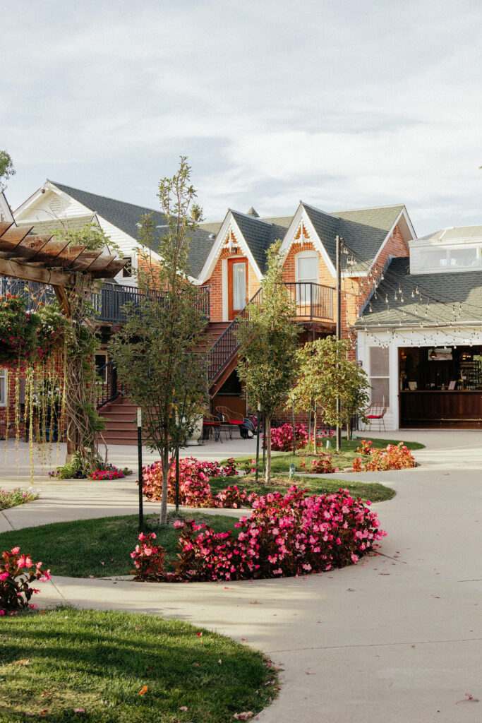Colorful florals on the property in the courtyard of a Colorado garden wedding venue