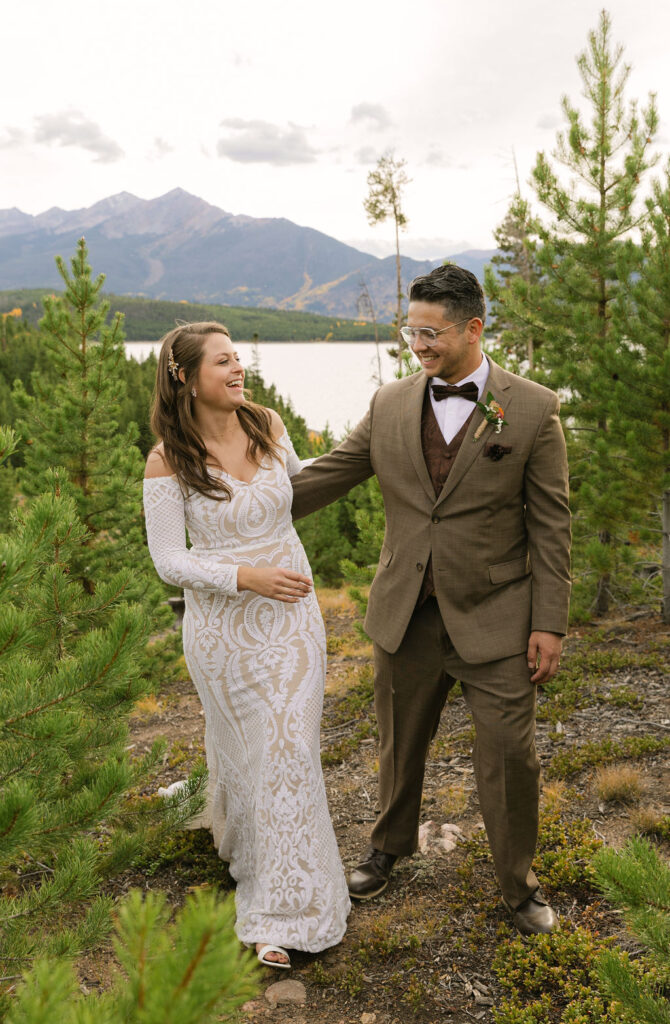 bride and groom exploring the windy point campground area 