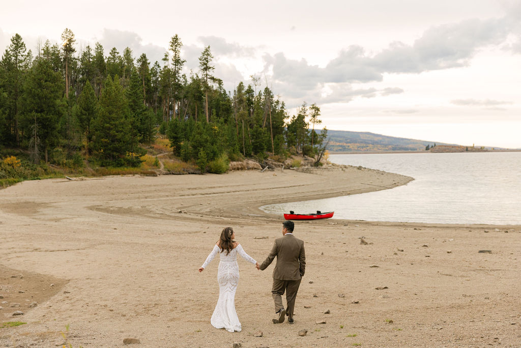bride and groom exploring the windy point campground area 