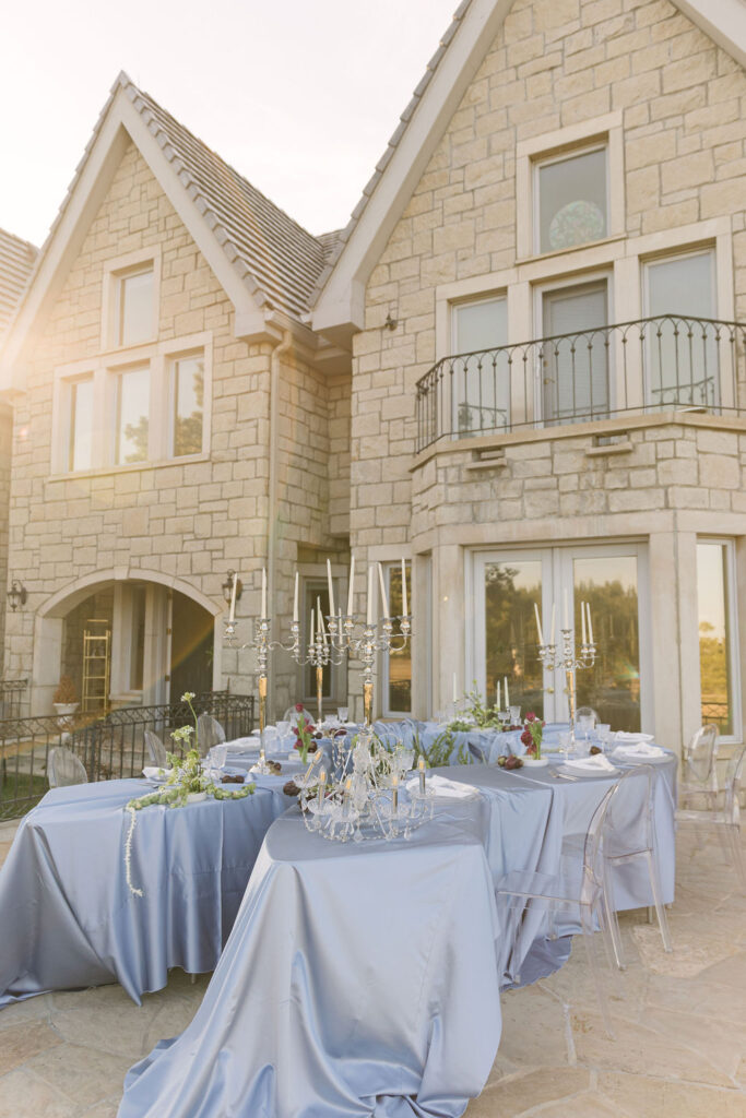 outdoor wedding reception set up at greystone castle boulder