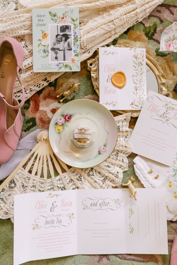 colorful and whimsical wedding detail flatlay