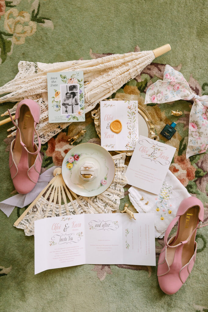 colorful and whimsical wedding detail flatlay