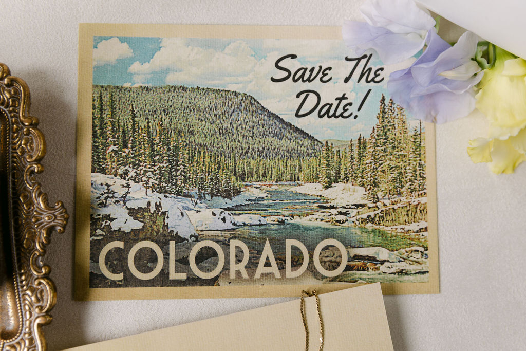 Vintage ski resort wedding save the date for a Colorado wedding