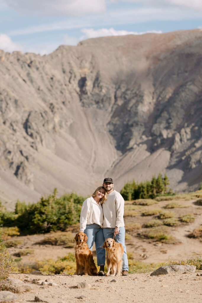 Classic portrait of a couple and their 2 dogs in the mountains at sunset