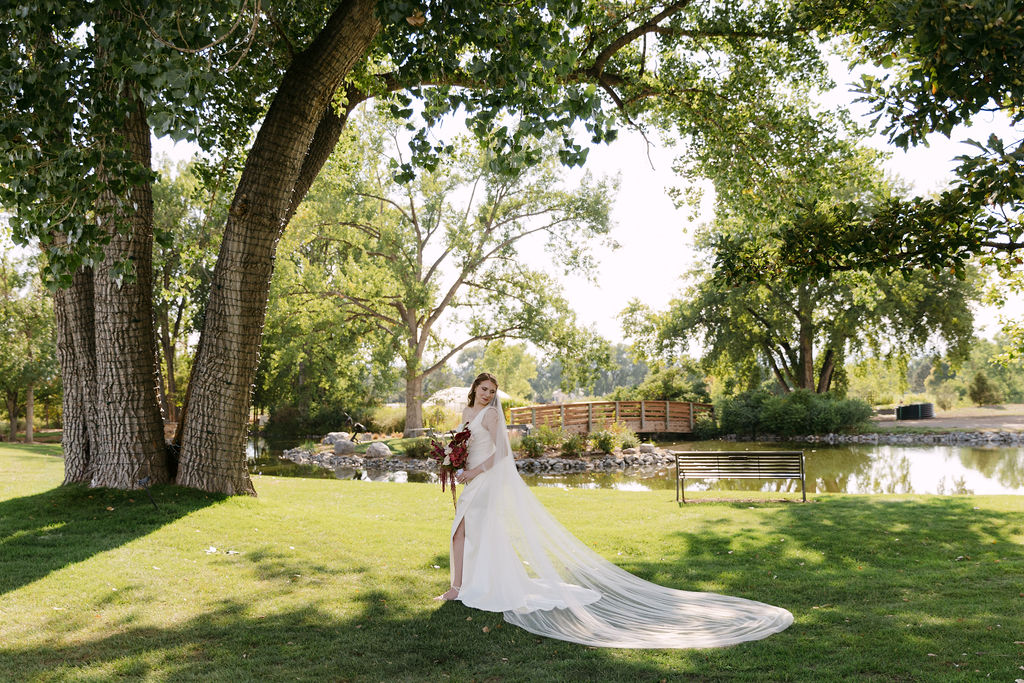 Bride standing beneath tall trees beside the pond at Hudson Gardens with her long veil trailing behind her during a luxury Colorado garden wedding.