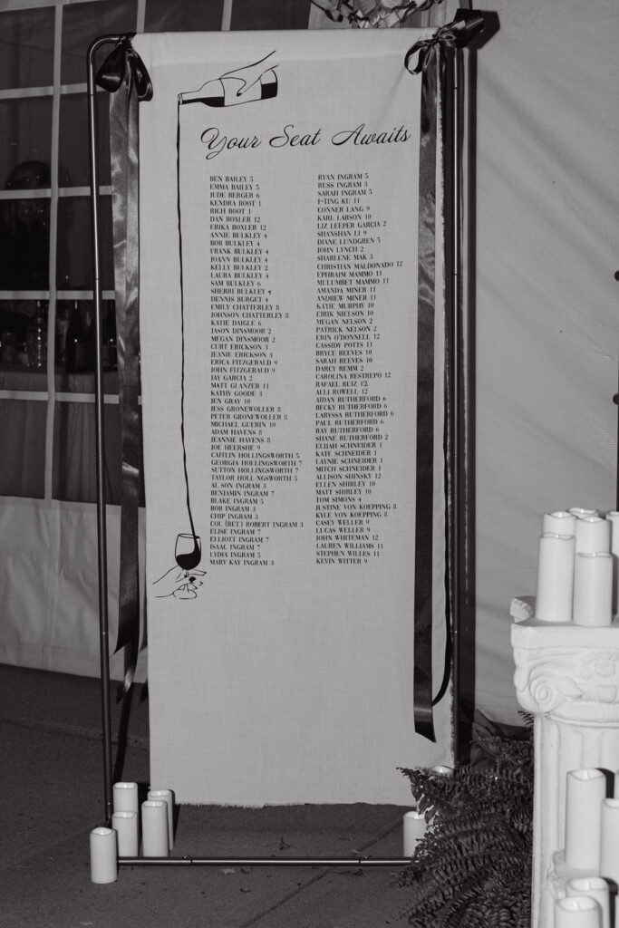 Full-length view of the seating chart banner styled with ribbons and candles at a Colorado wedding.